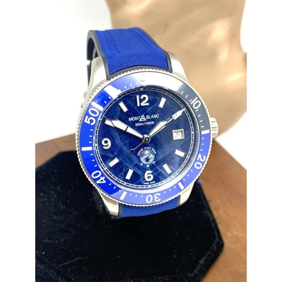 Montblanc Men's Watch 129370 Iced Sea 1858 Swiss Automatic Blue Dial Rubber Band - Picture 14 of 15